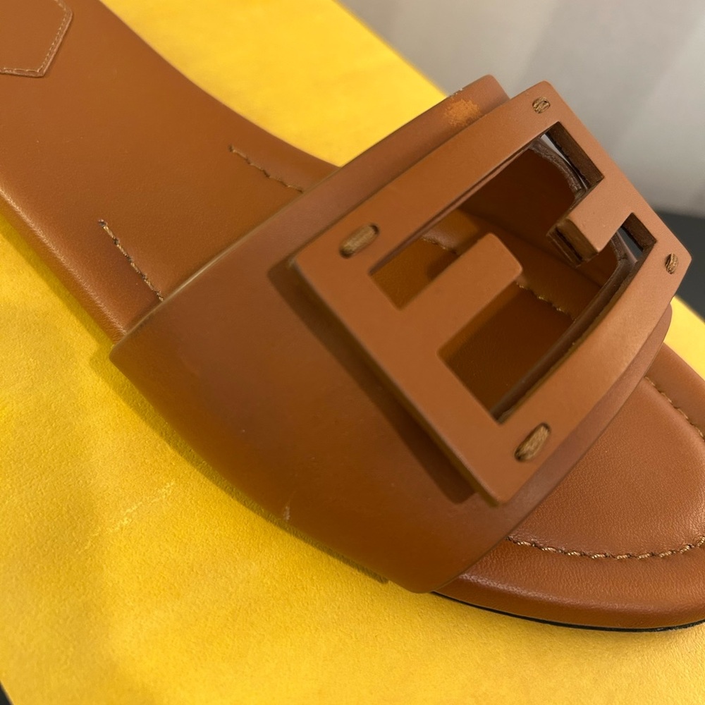Fendi Tan Leather Slides with FF Cutout - Picture 7 of 7